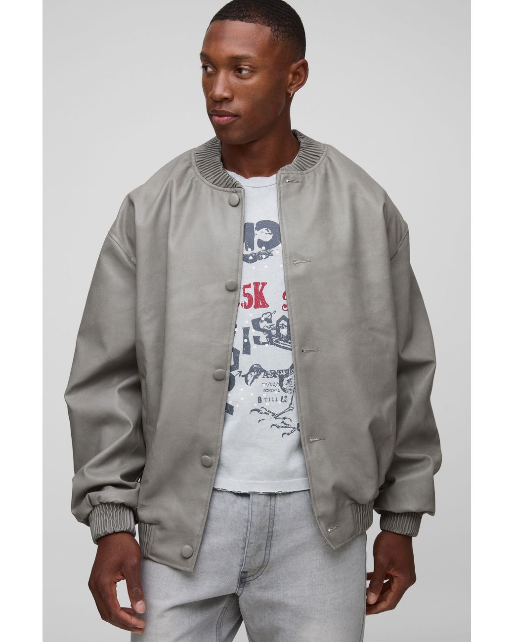 BoohooMAN Gray Oversized Fit Soft Pu Bomber Jacket for men