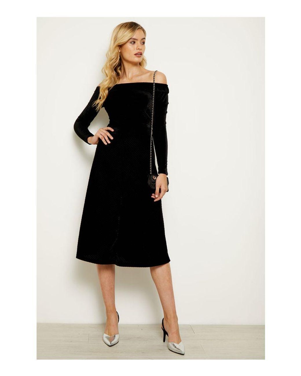 Sosandar Black Textured Velvet Bardot Midi Dress