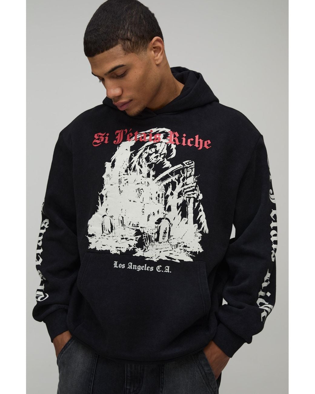 BoohooMAN Gray Oversized Gothic Washed Printed Hoodie for men