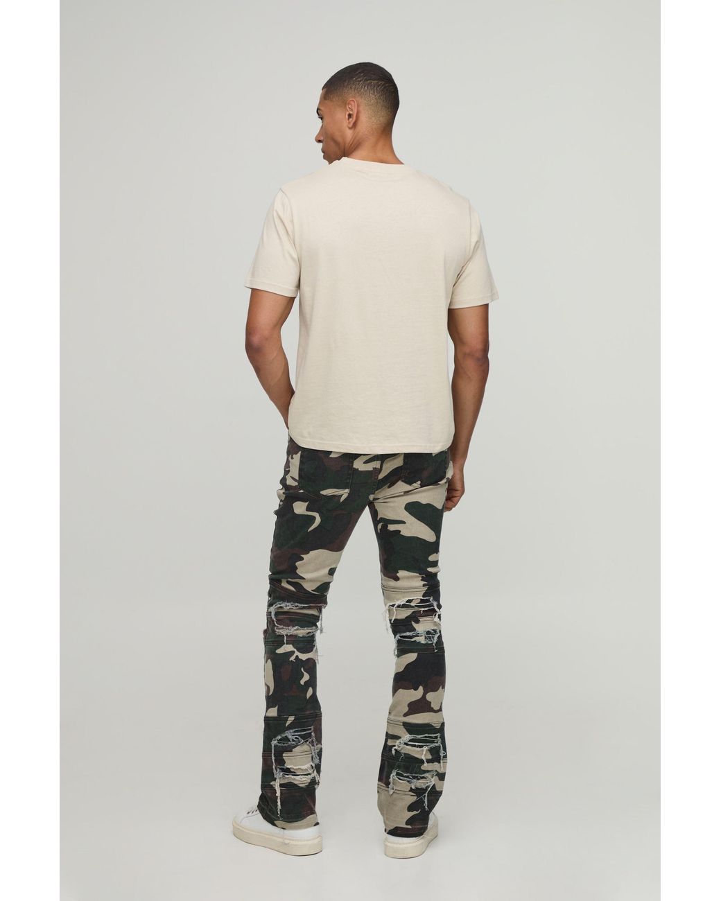 BoohooMAN Green Camo Stacked Skinny Flared Distressed Jeans for men