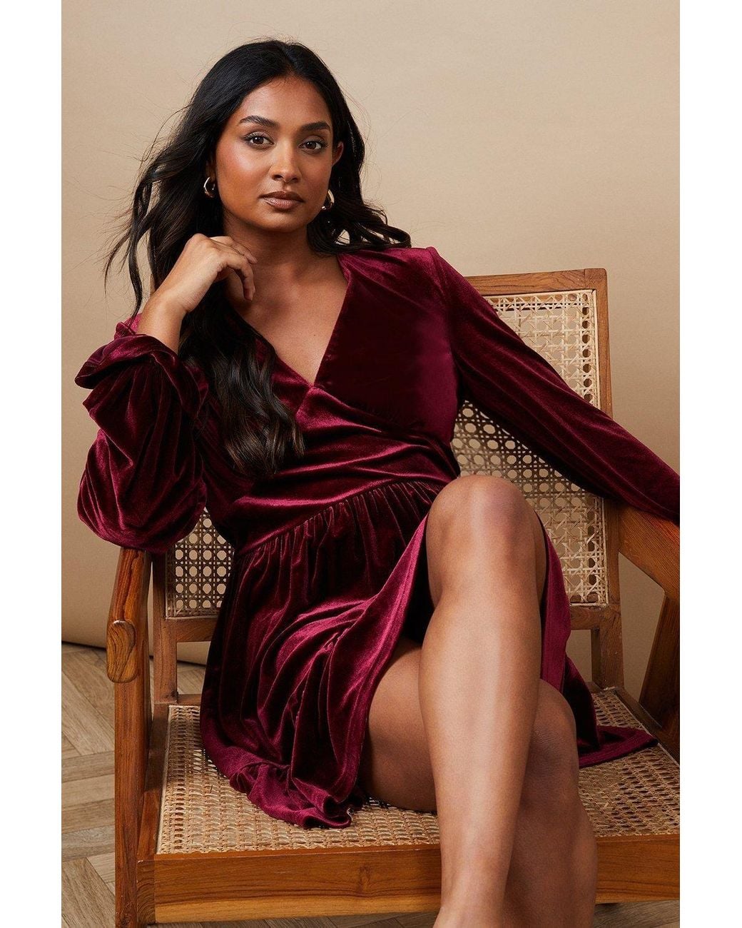 Oasis Brown Occasion Velvet Ruffle Hem Mini Dress