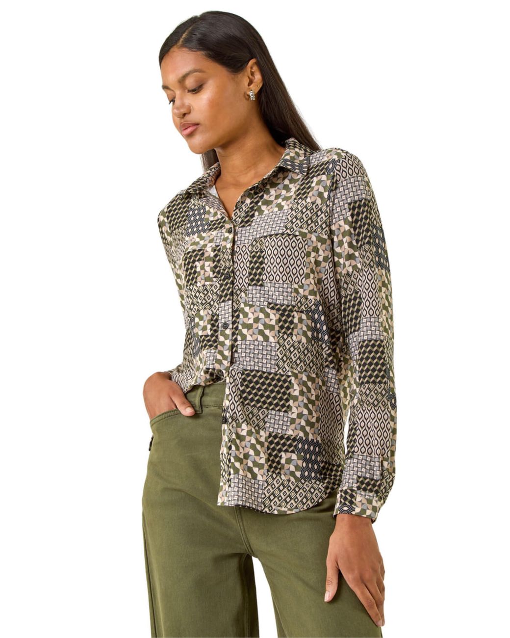 Roman Green Patchwork Print Stretch Top