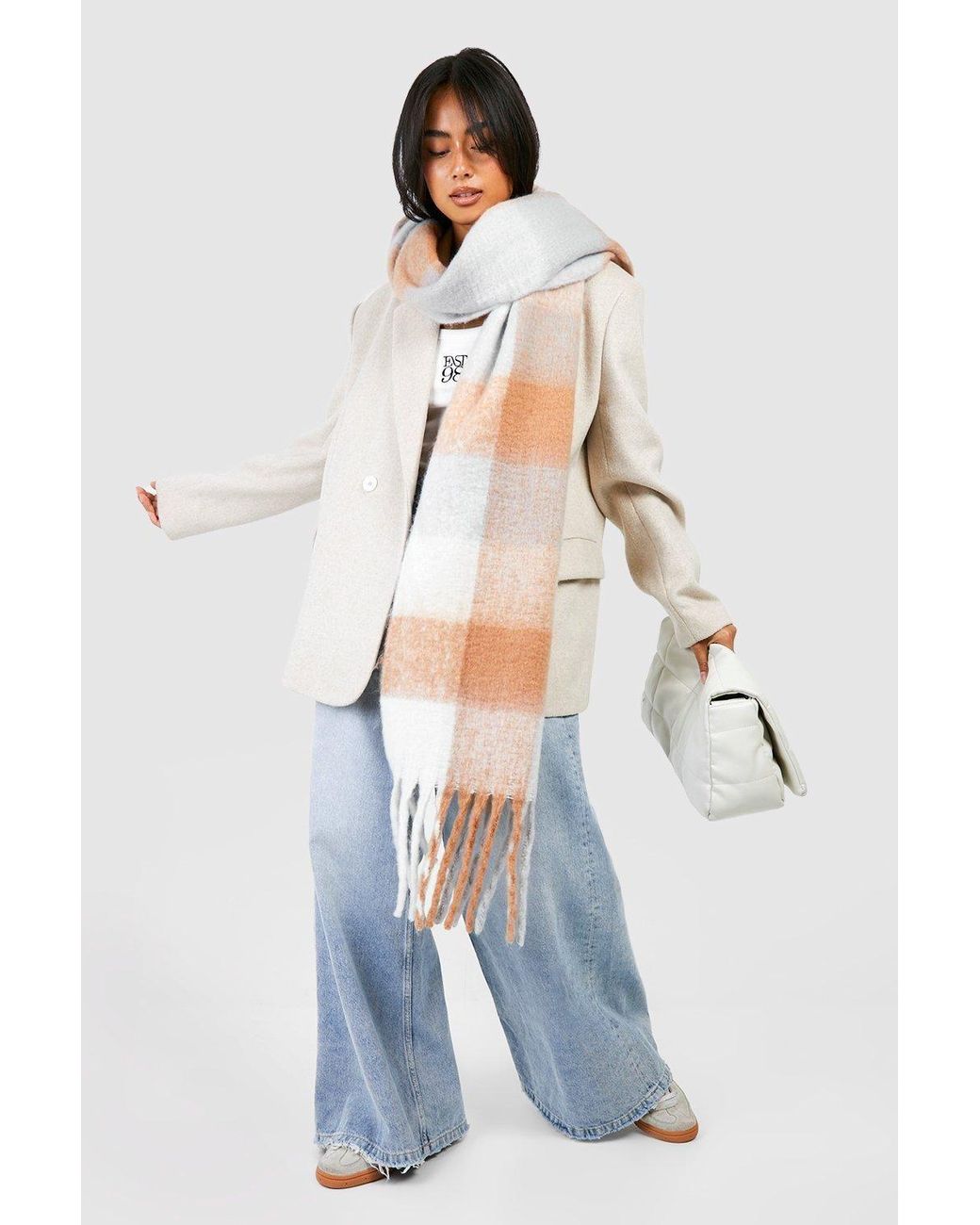 Boohoo Blue Check Fringe Scarf