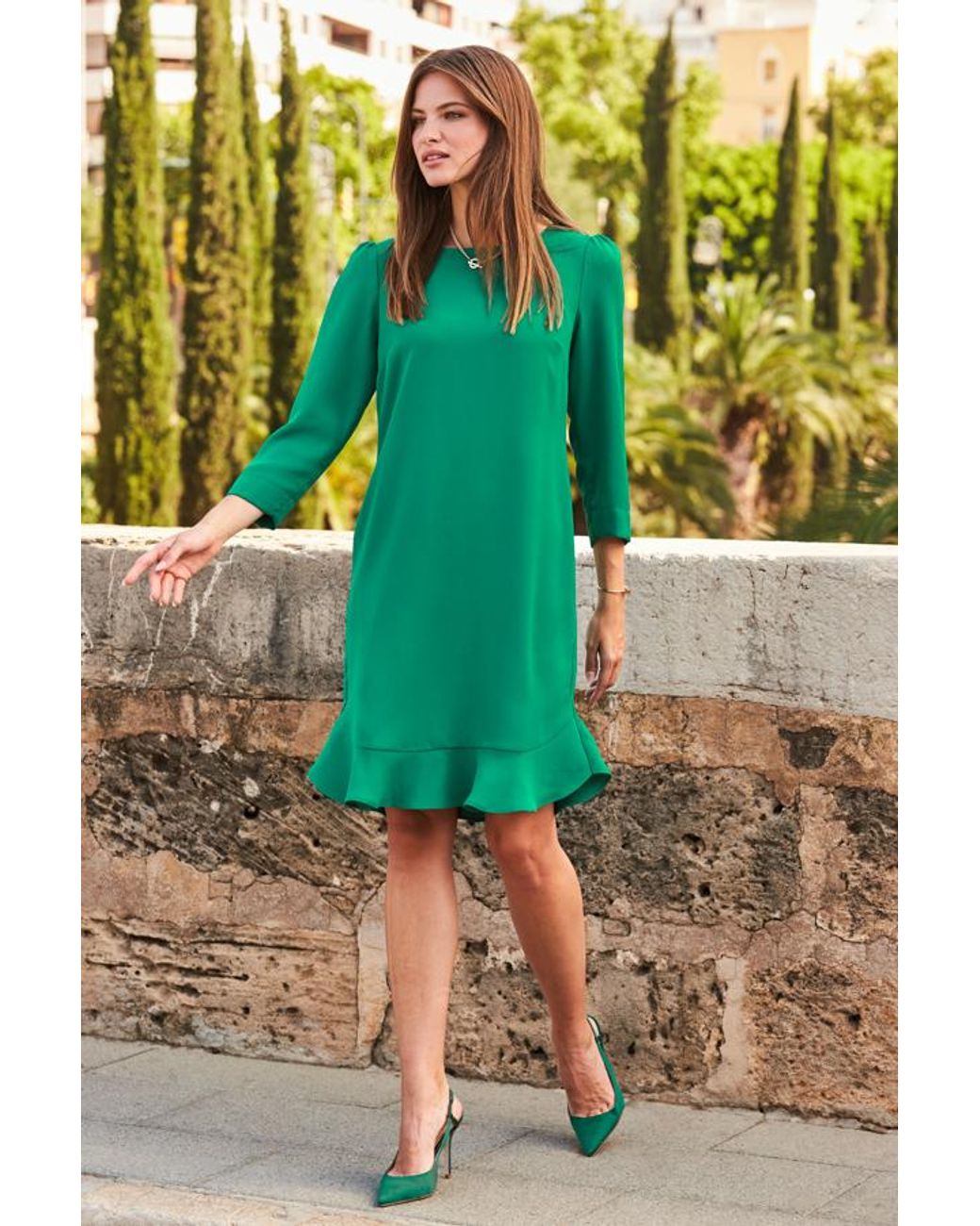 emerald green criss cross back frill hem shift dress Sosandar Ruffle in DR3539