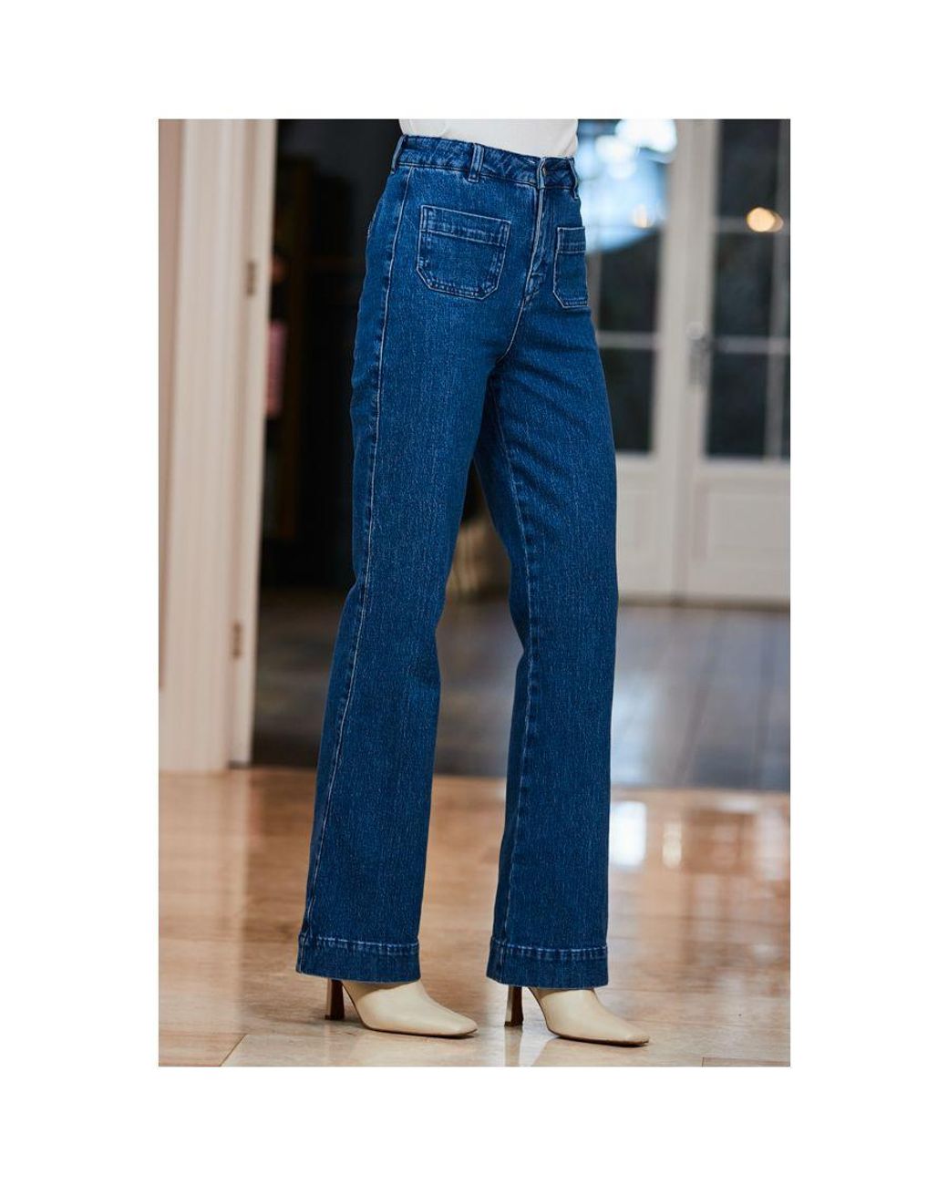 Sosandar Blue Mid Wide Leg Pocket Detail Jeans Cotton