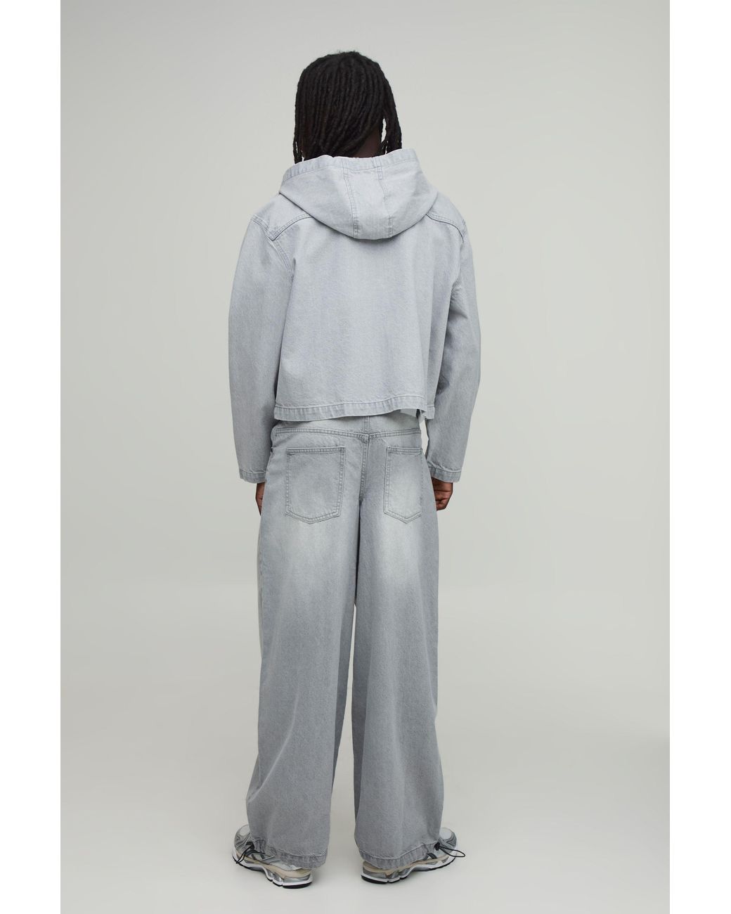 BoohooMAN Gray Essential Boxy Oversized Zip Through Denim Hoodie for men