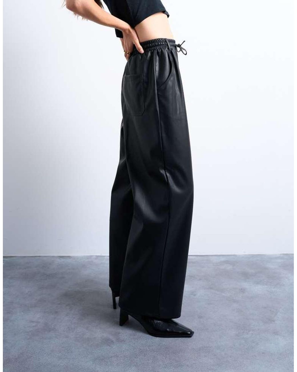 TOPSHOP White Drawstring Pull On Faux Leather Straight Leg Trouser