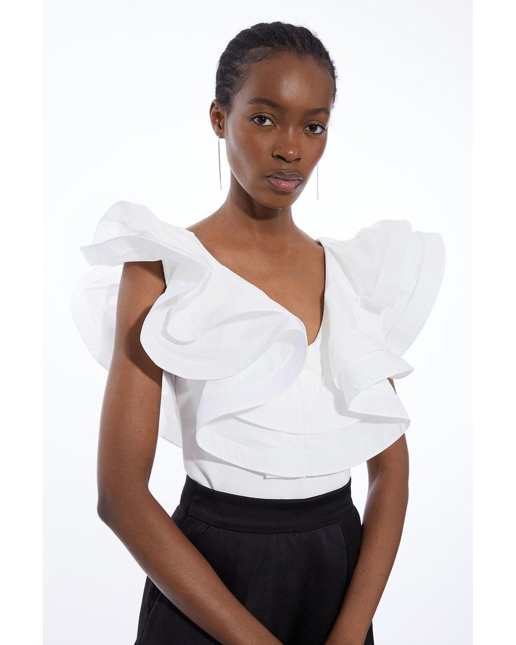 Karen Millen White Cotton Ruffle Detail Bodysuit