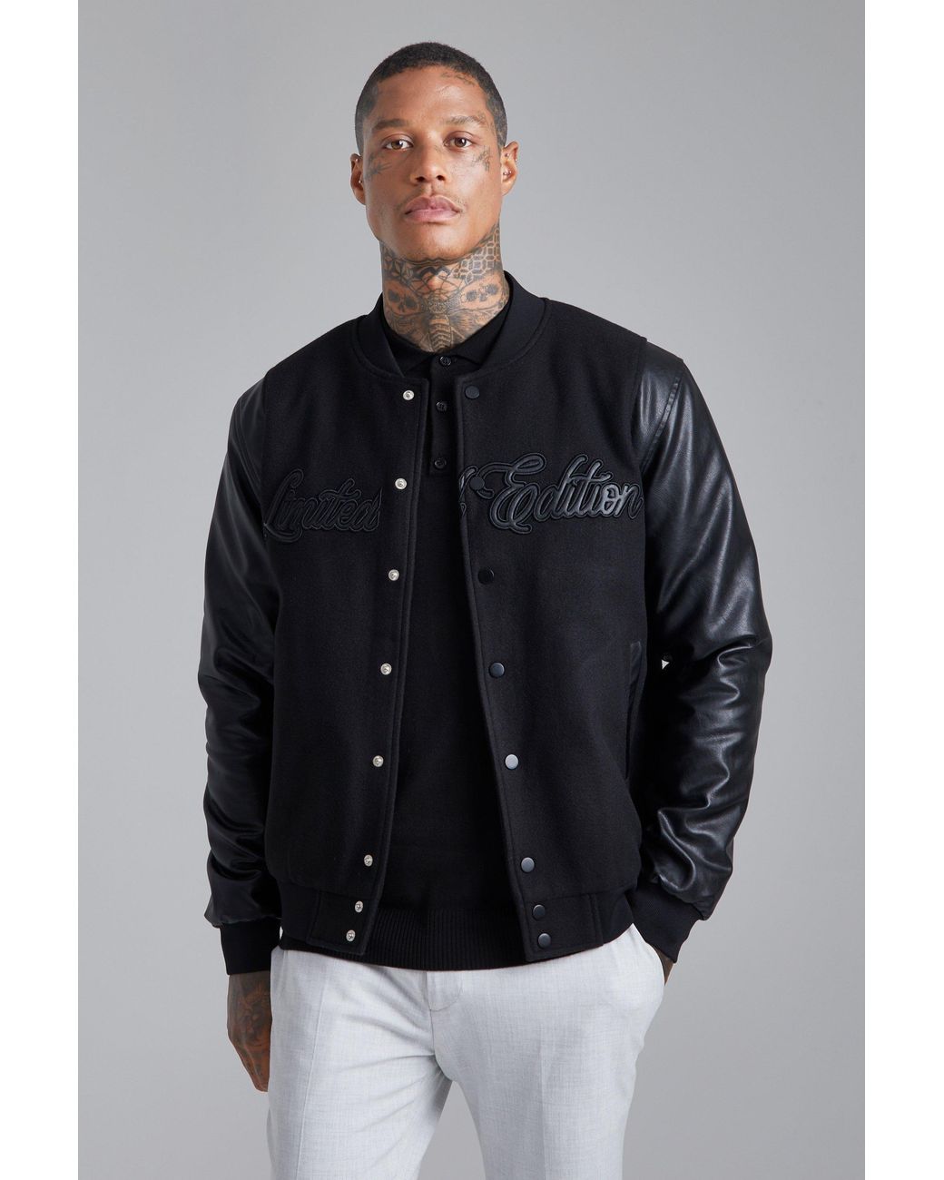 BoohooMAN Gray Tonal Limited Edition Melton Bomber Jacket for men