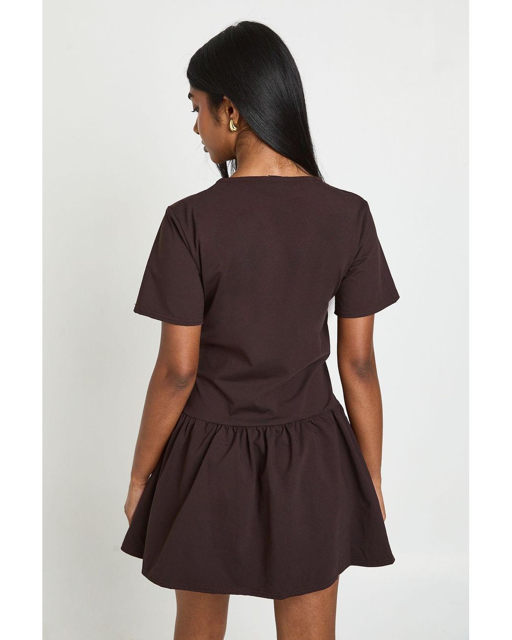 Boohoo Brown Tie Waist Long Sleeve Smock Dress