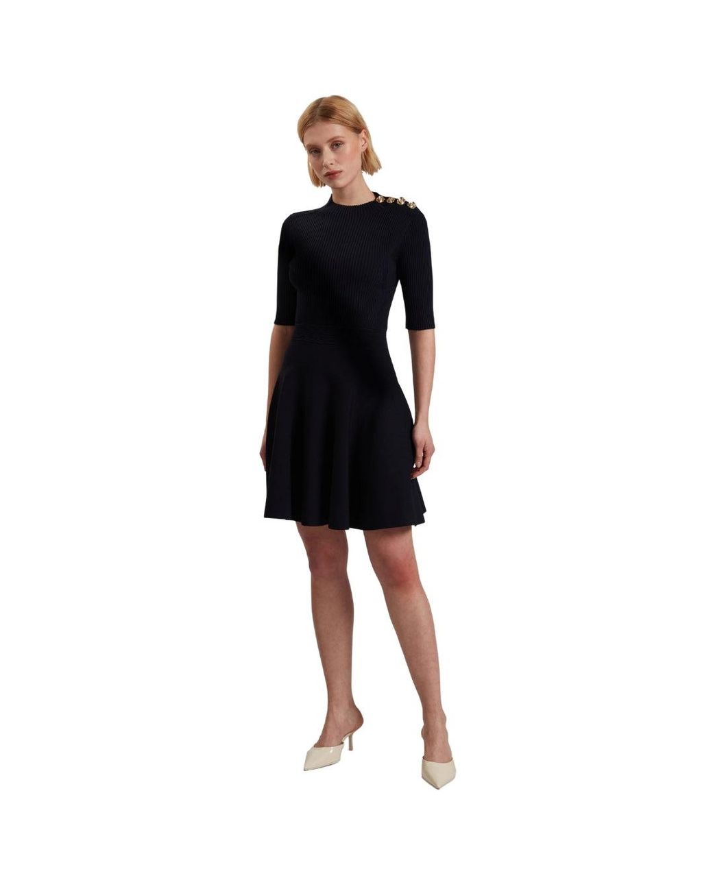 Ted Baker Black Lilano Ribbed Knit Button Detail Dress Viscose