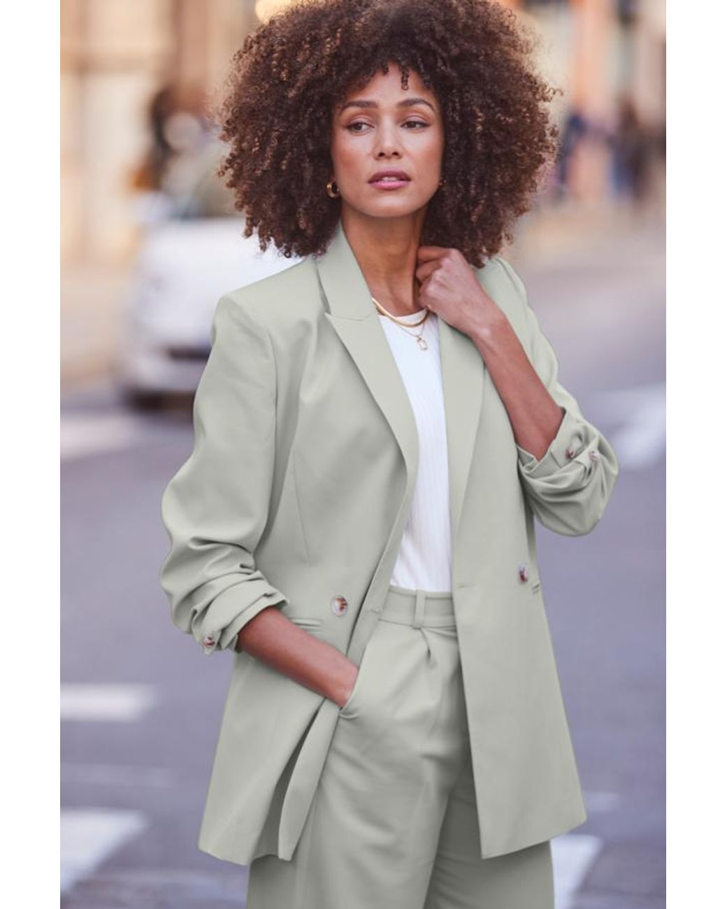 Sosandar Gray Mint Relaxed Fit Double Breasted Blazer