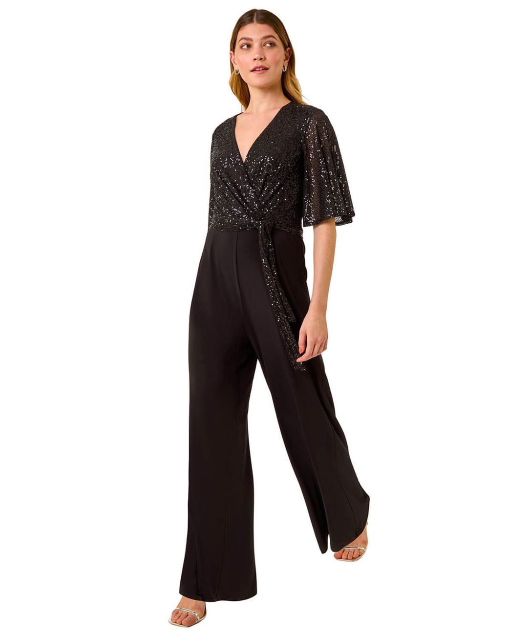Roman Black Sequin Flutter Sleeve Stretch Jumpsuit