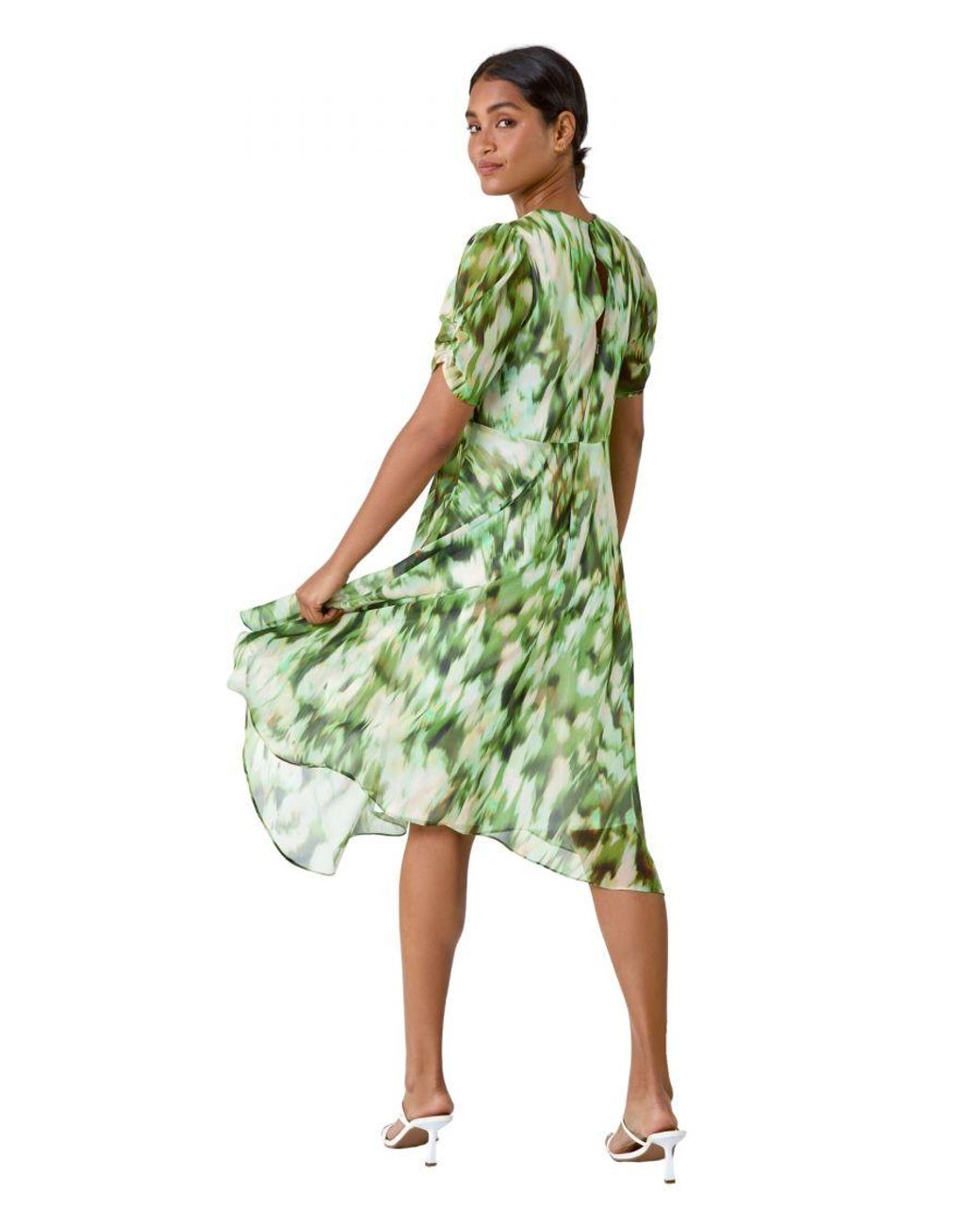 Roman Green Abstract Chiffon Hanky Hem Asymmetric Dress