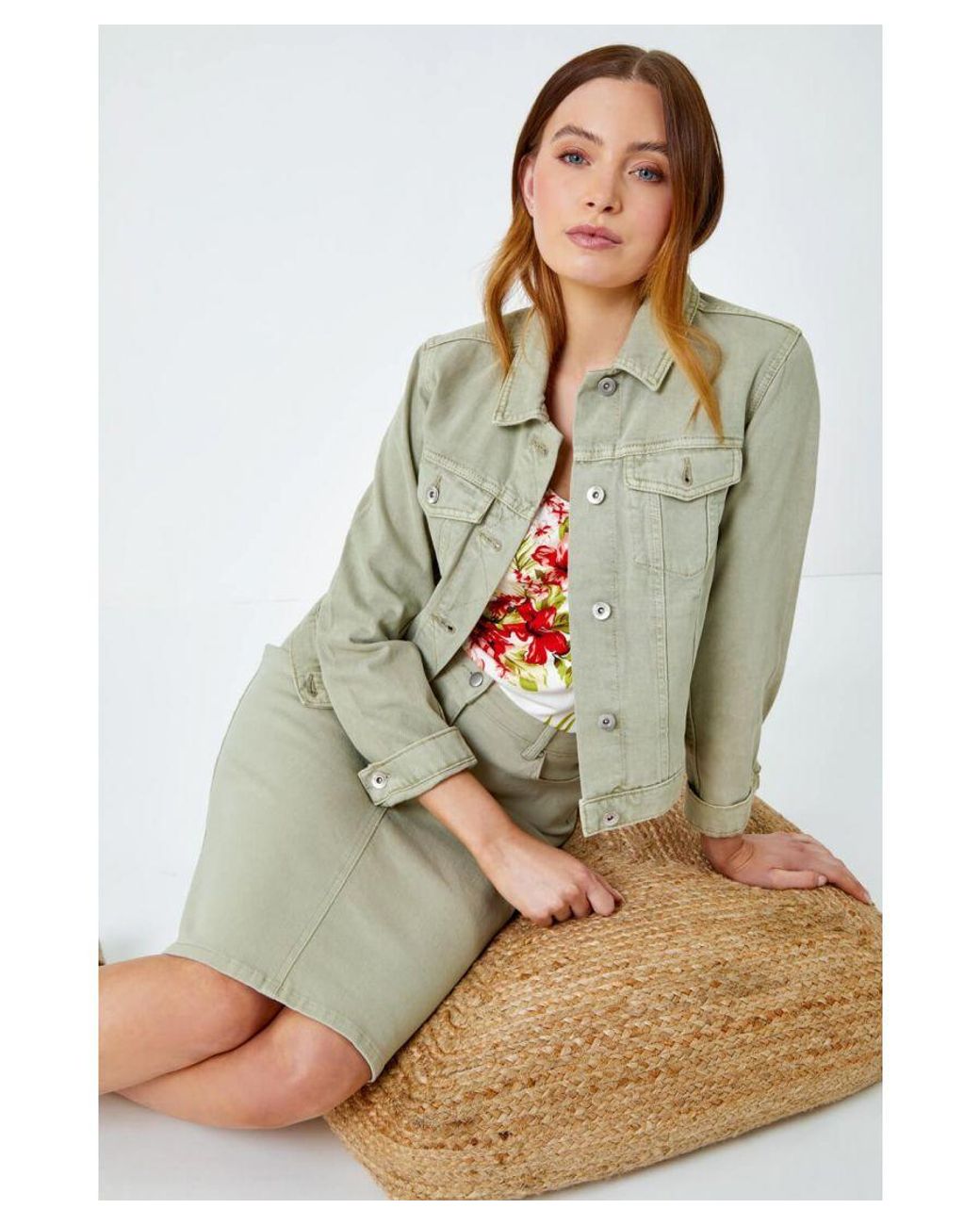Roman Green Cotton Denim Stretch A Line Skirt