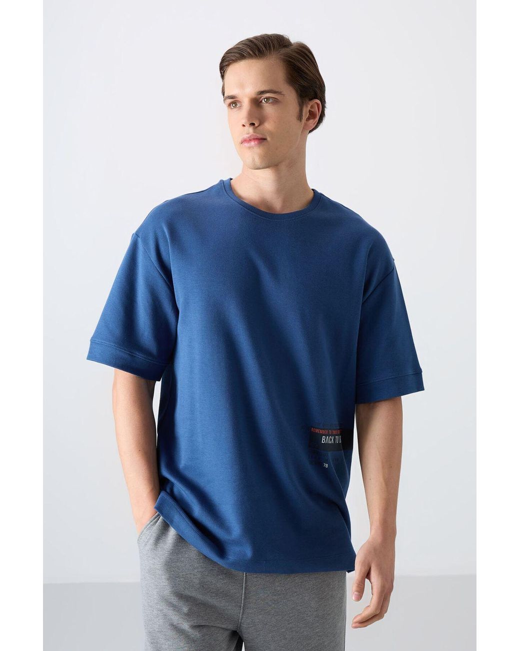 TOMMY LIFE Blue Oversized Cotton-Blend Crew Neck T-Shirt for men