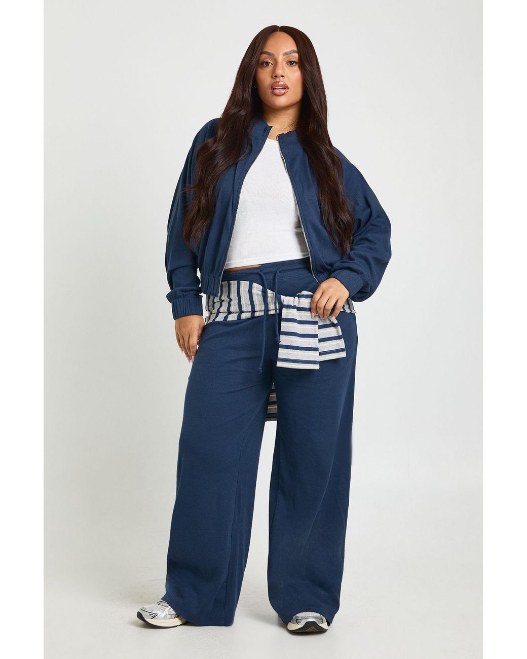 Boohoo Blue Plus Rib Wide Leg Trousers