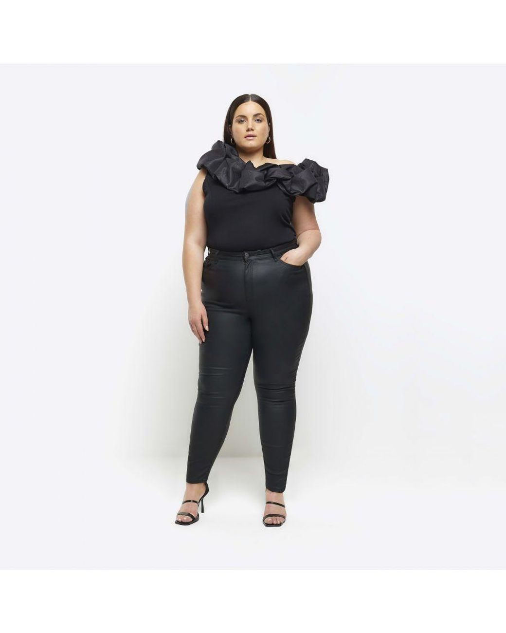 River Island Black Skinny Jeans Plus Coated High Waisted Viscose