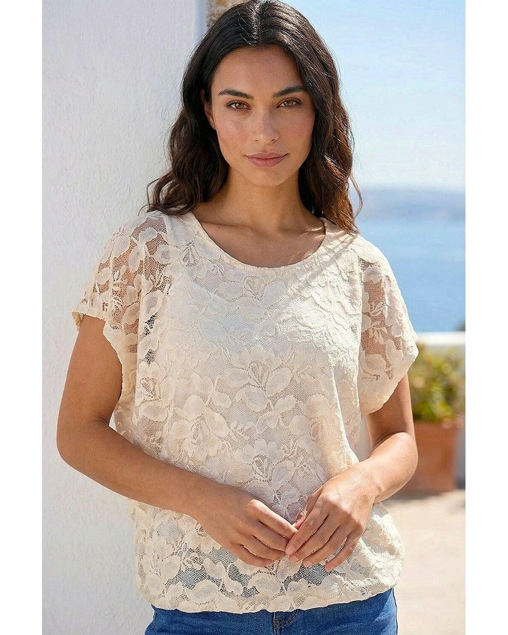 Roman White Floral Lace Overlay Stretch Top