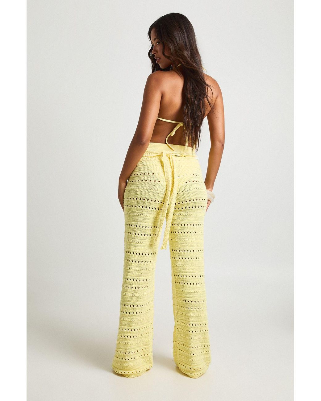 Boohoo Yellow Crochet Knit Halterneck Top And Wide Leg Trouser Co-Ord