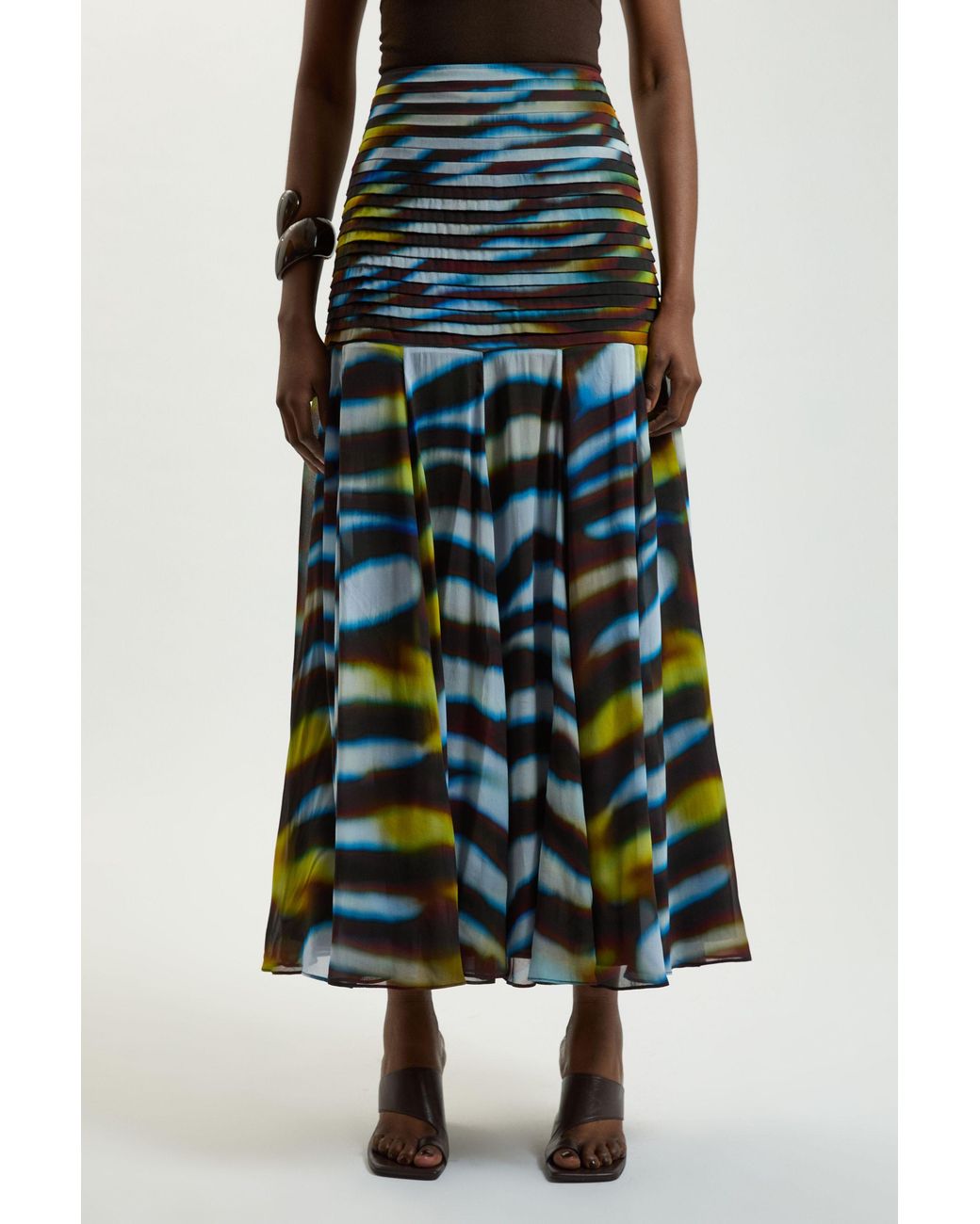 Karen Millen White Viscose Georgette Animal Print Drop Hem Woven Maxi Skirt