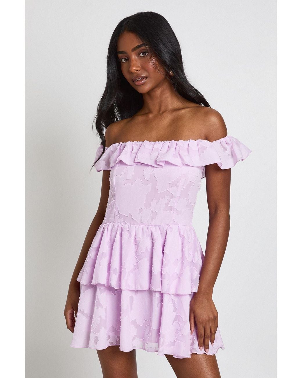 Boohoo Purple Textured Floral Bardot Mini Dress