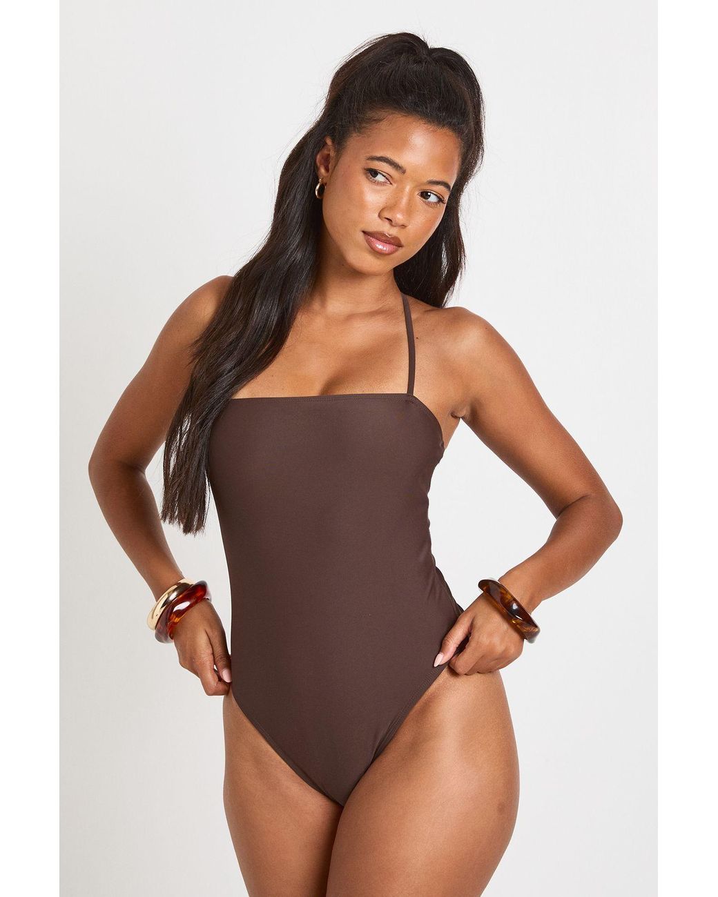Boohoo Brown Beaded Trim Halter Plunge Bandeau Swimsuit