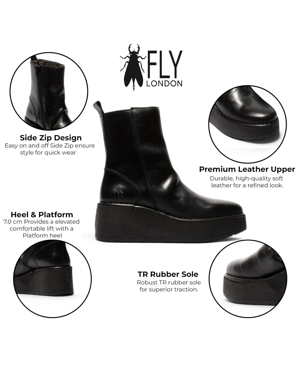 Fly London Black Leather Wedge Heel Platform Ankle Boots