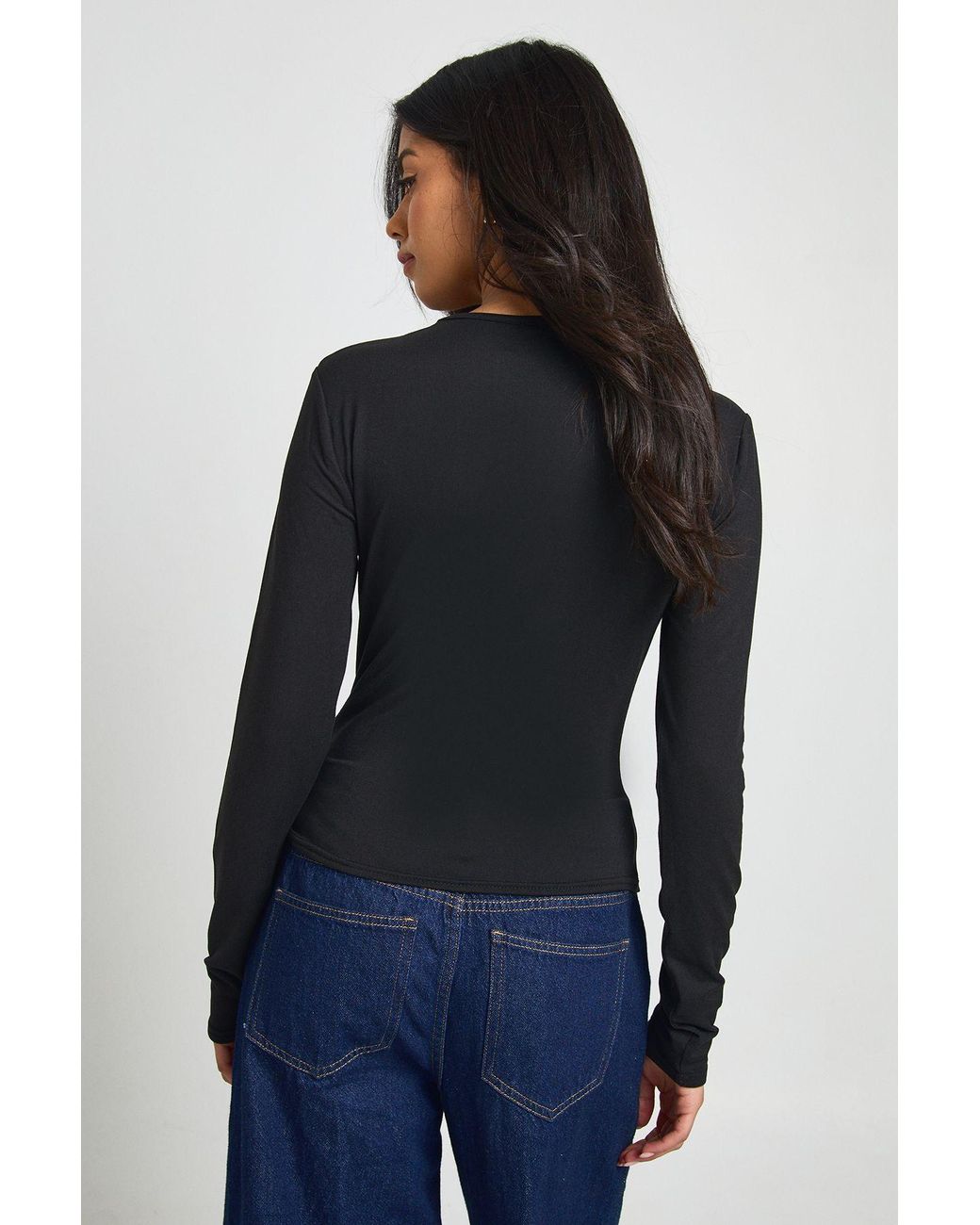 Boohoo Blue Long Sleeve Top With Ruched Asymetric Neck Trim Detail