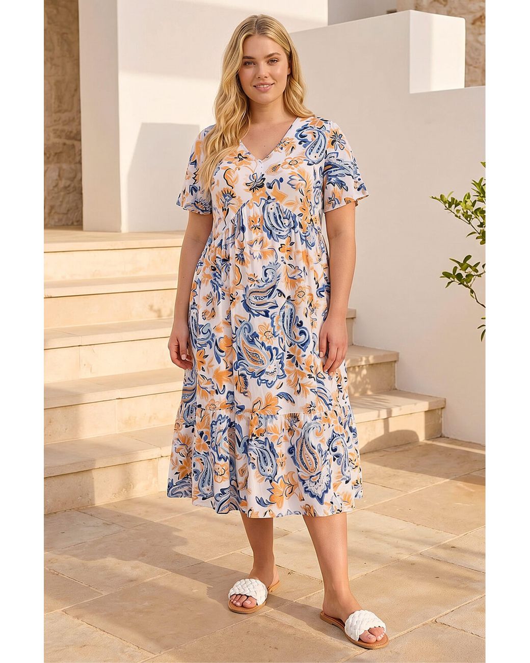 Roman Natural Curve V-Neck Tiered Dress
