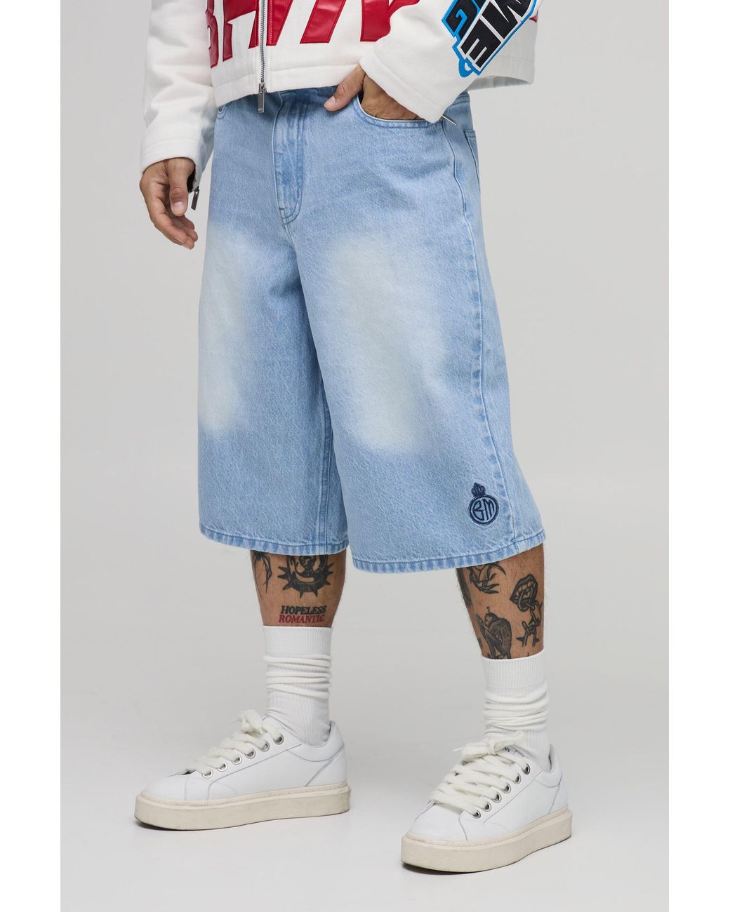 BoohooMAN Blue Washed Longline Embroidered Jorts for men