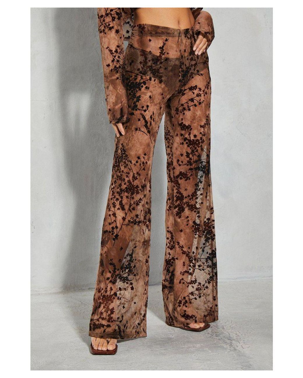 MissPap Gray Devore Mesh Floral High Waisted Wide Leg Trouser