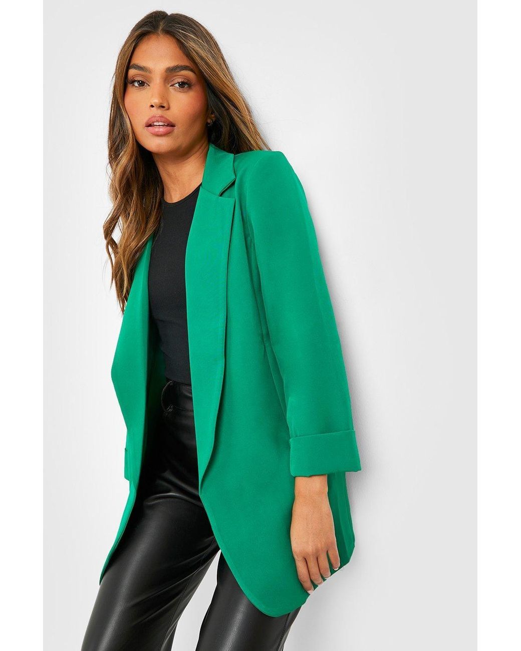 Boohoo Green Basics Woven Turn Cuff Relaxed Fit Blazer