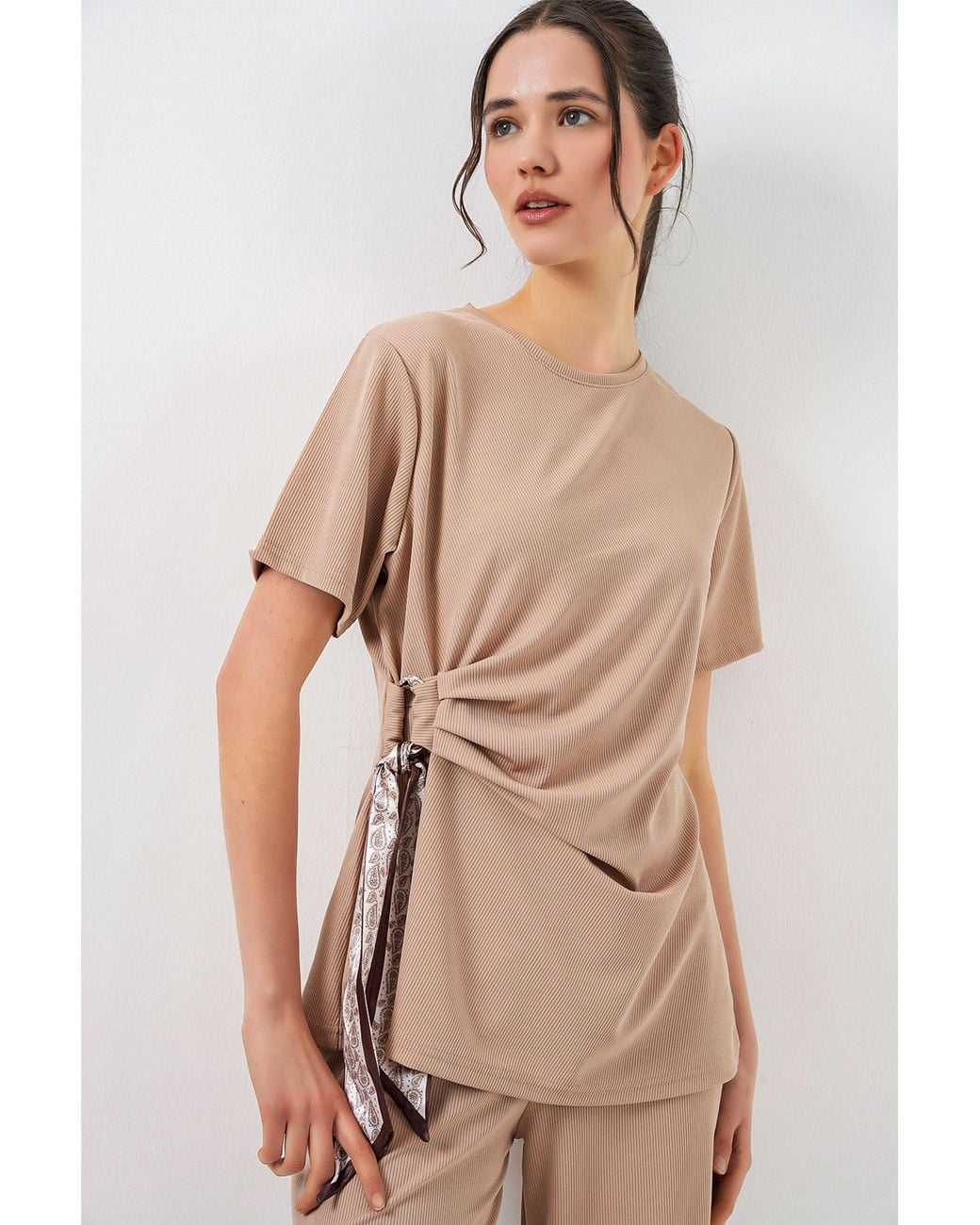 Bigdart Natural Crew Neck Tie Detail Ribbed Co-Ord Set With Wide Leg Trousers