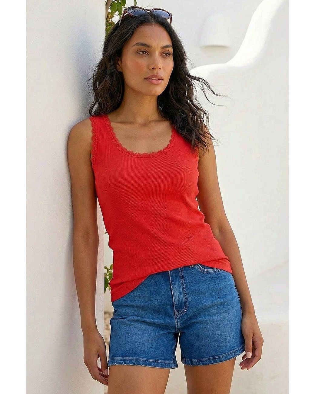 Roman Red Lace Trim Ribbed Vest