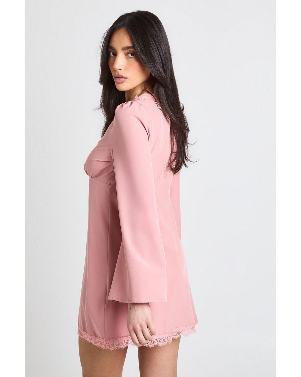 Boohoo Pink Flared Sleeve Lace Trim Mini Dress