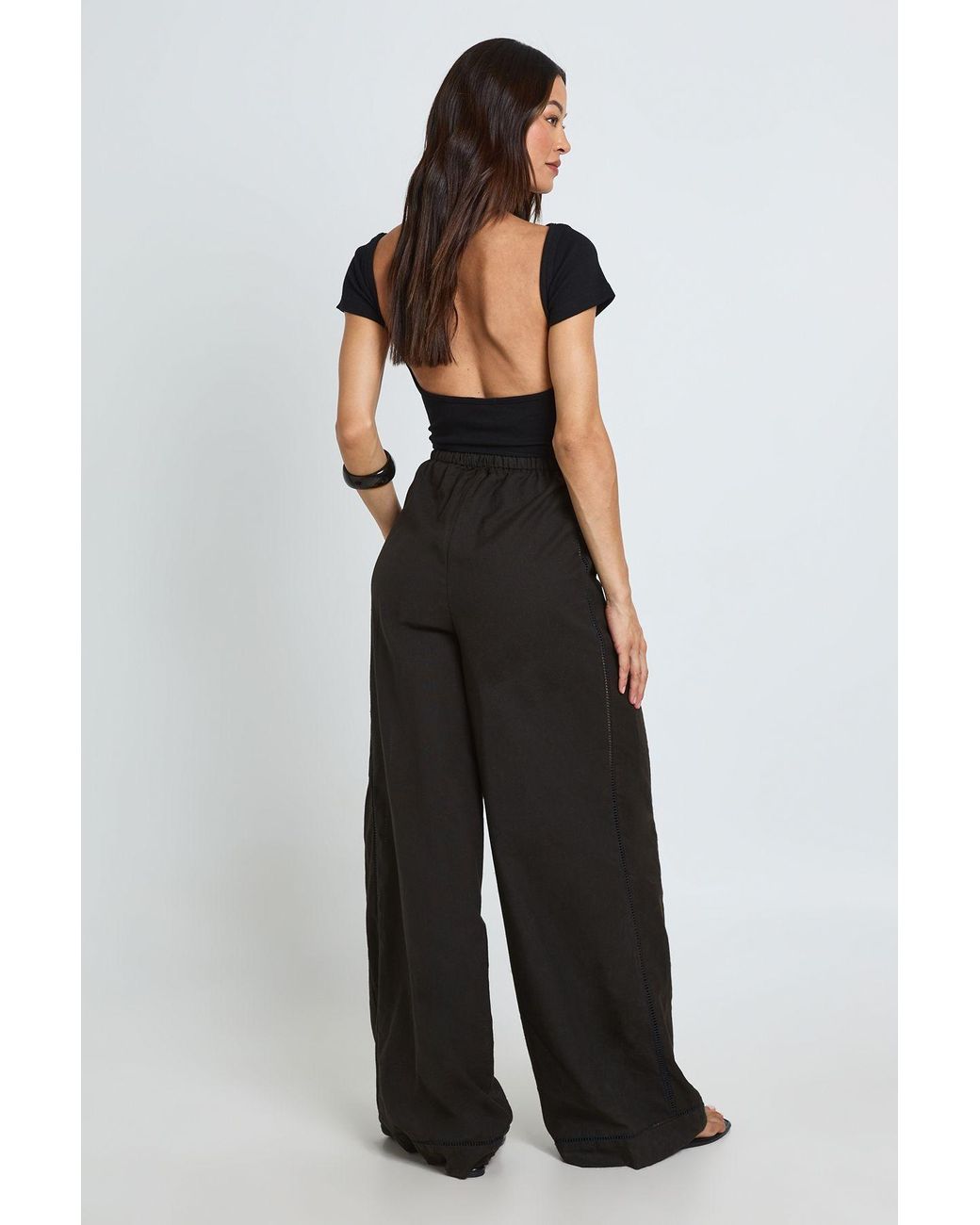 Boohoo Black Tall Linen Ladder Insert Boxy Top And Wide Leg Trouser Co-Ord