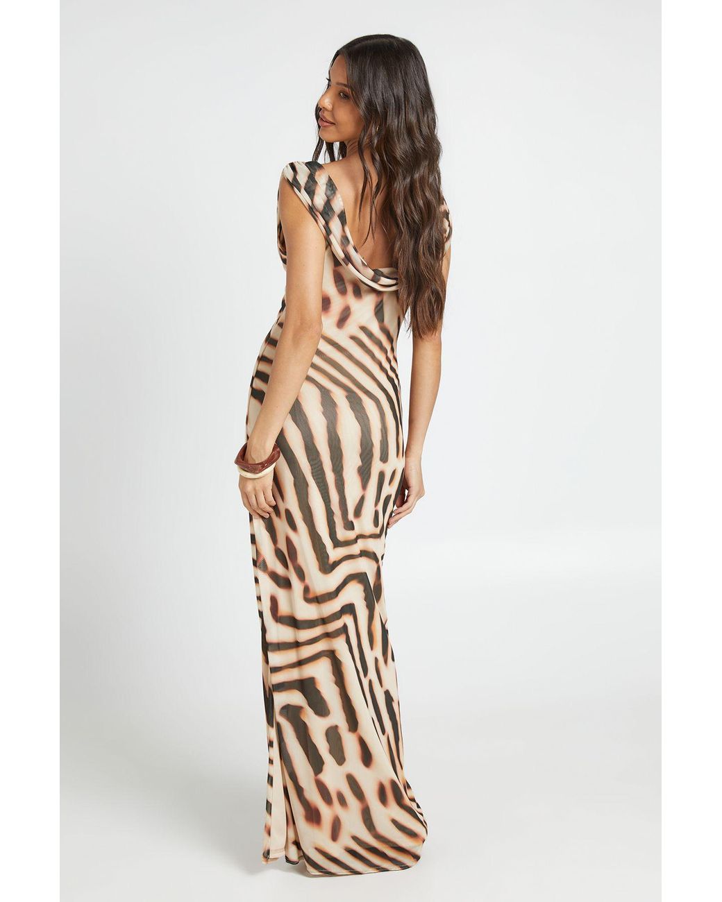 Boohoo Metallic Animal Printed Mesh Wide Cowl Maxi Dress