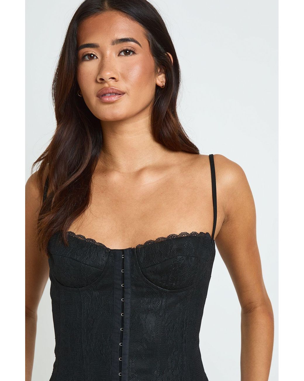 Boohoo Black Lace Hook And Eye Corset Top