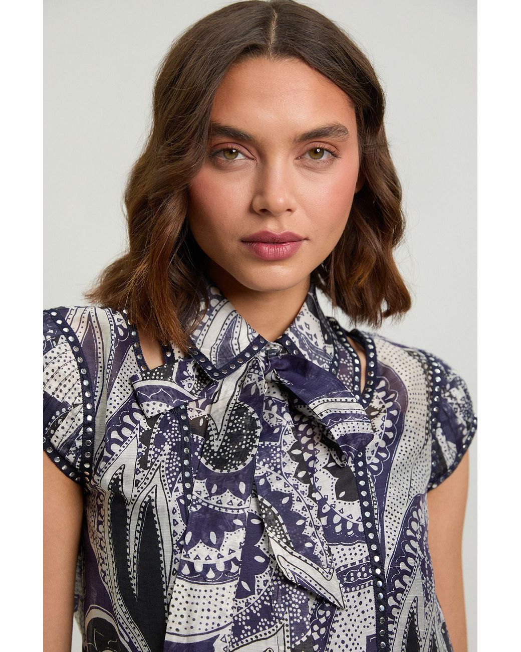 Karen Millen Multicolor Mono Floral Printed Studded Blouse