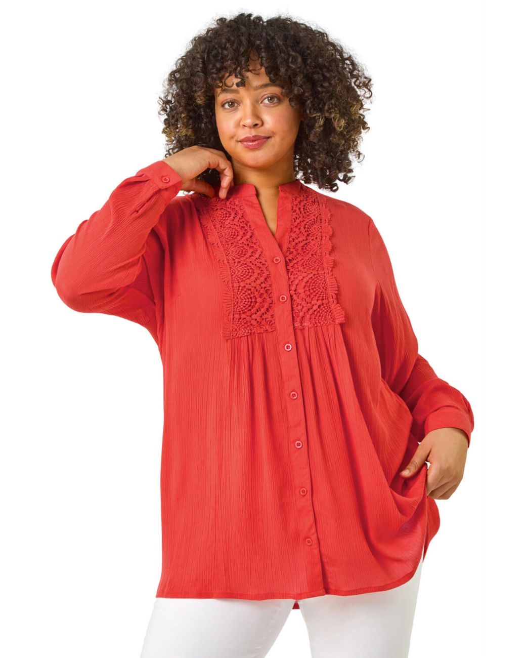 Roman Red Curve Lace Trim Pintuck Blouse