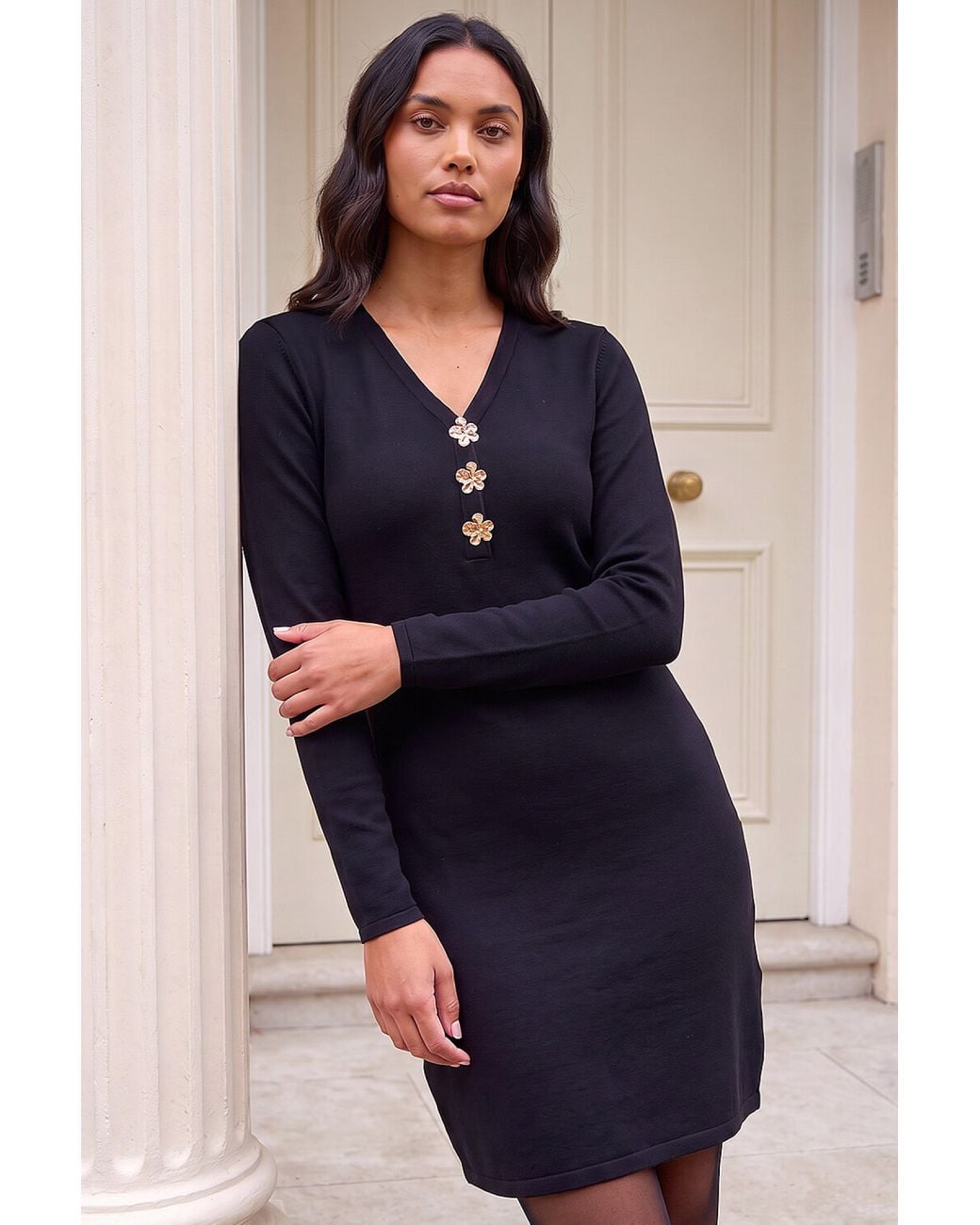 Roman Blue Floral Button Knitted Dress