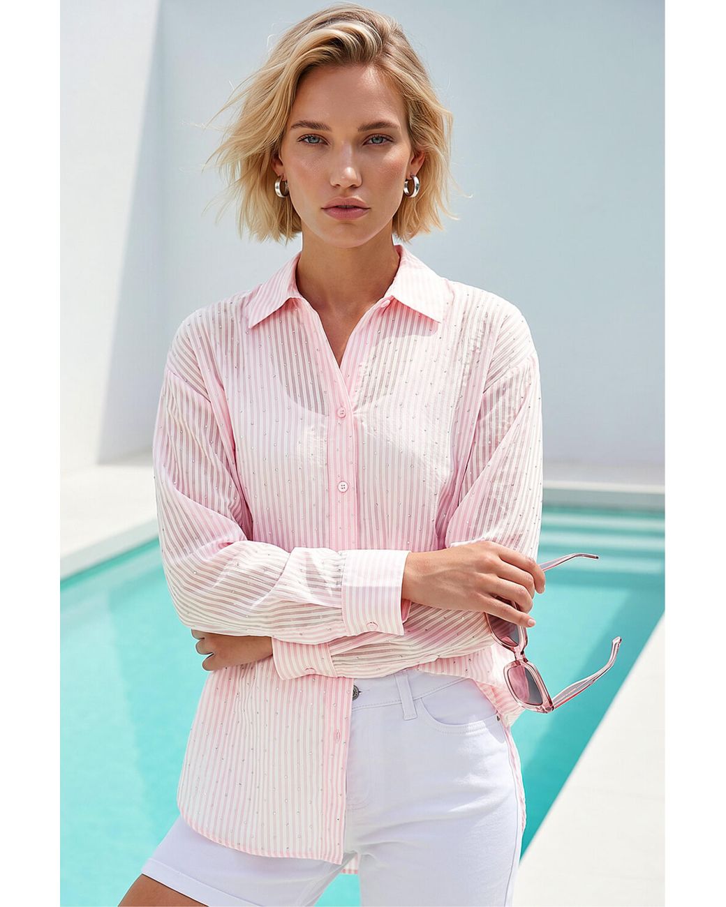 Roman Pink Embellished Hotfix Stripe Shirt