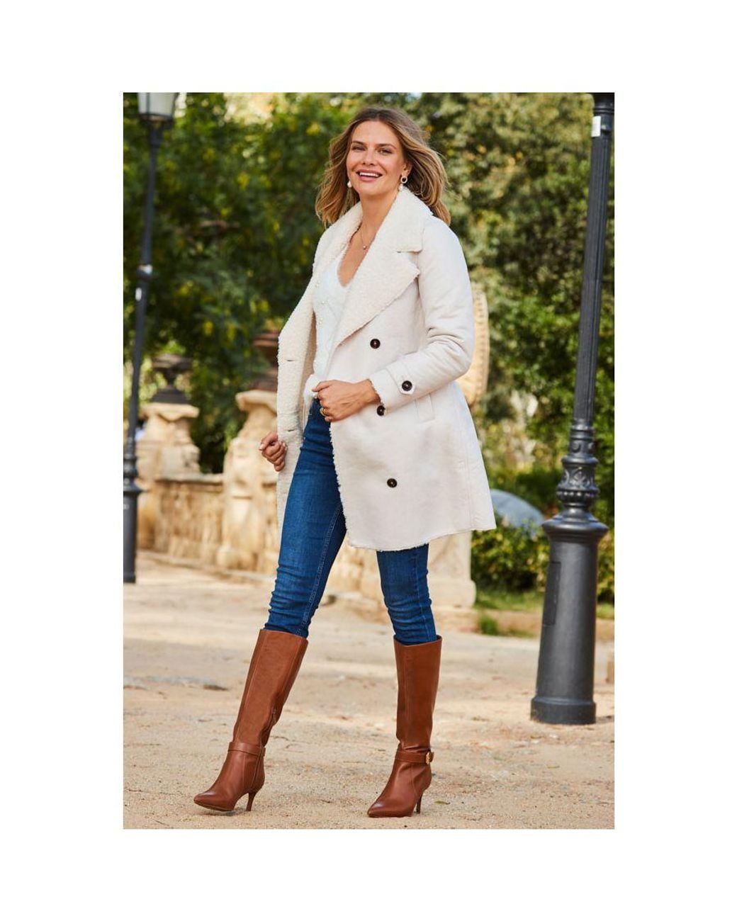 Sosandar Green Ecru Luxe Faux Shearling Double Breasted Coat