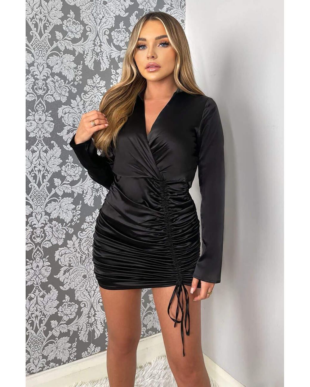 AX Paris Satin Long Sleeve Wrap Top Ruched Mini Dress in Grey | Lyst UK