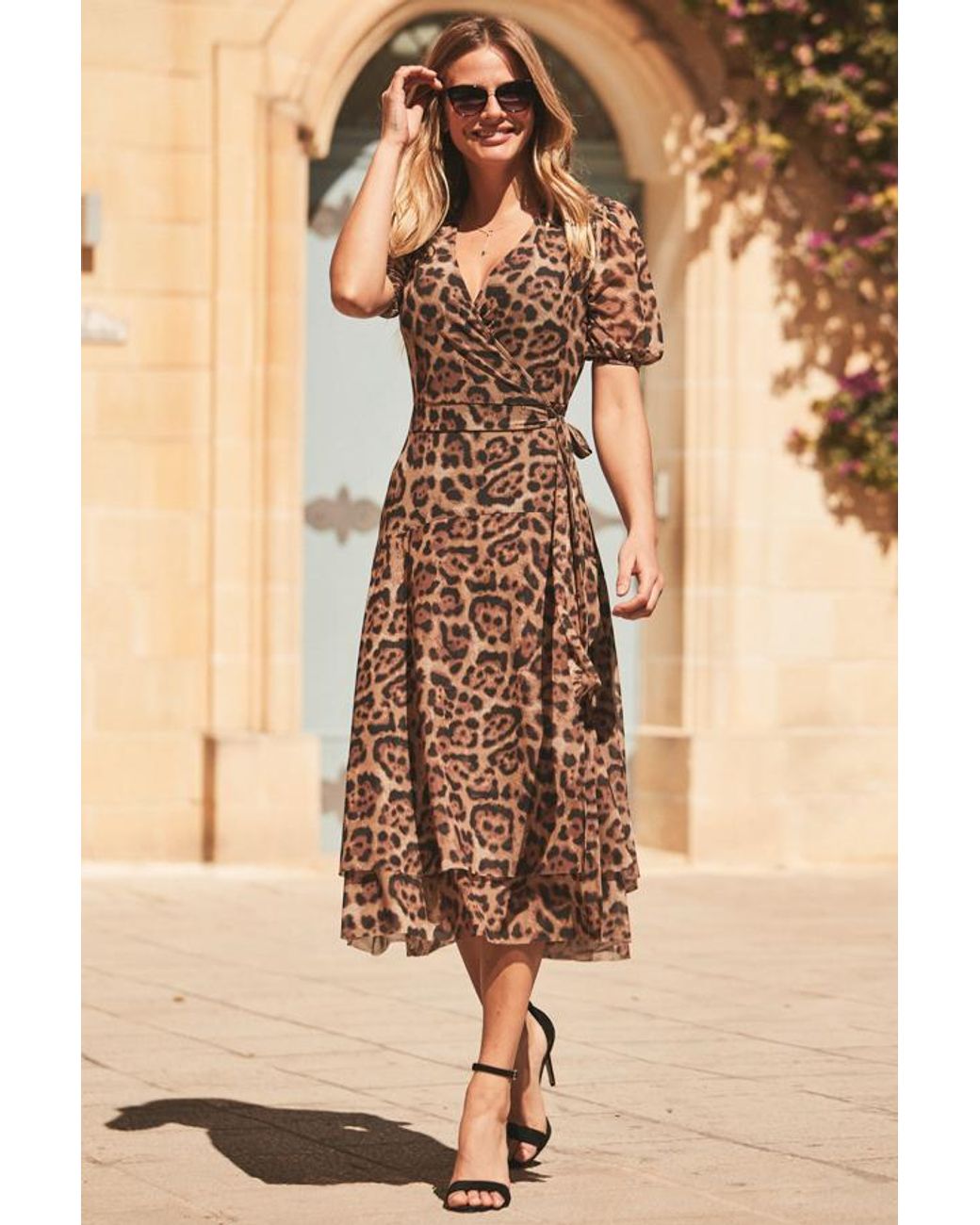 Sosandar Natural Leopard Print Mesh Wrap Jersey Dress