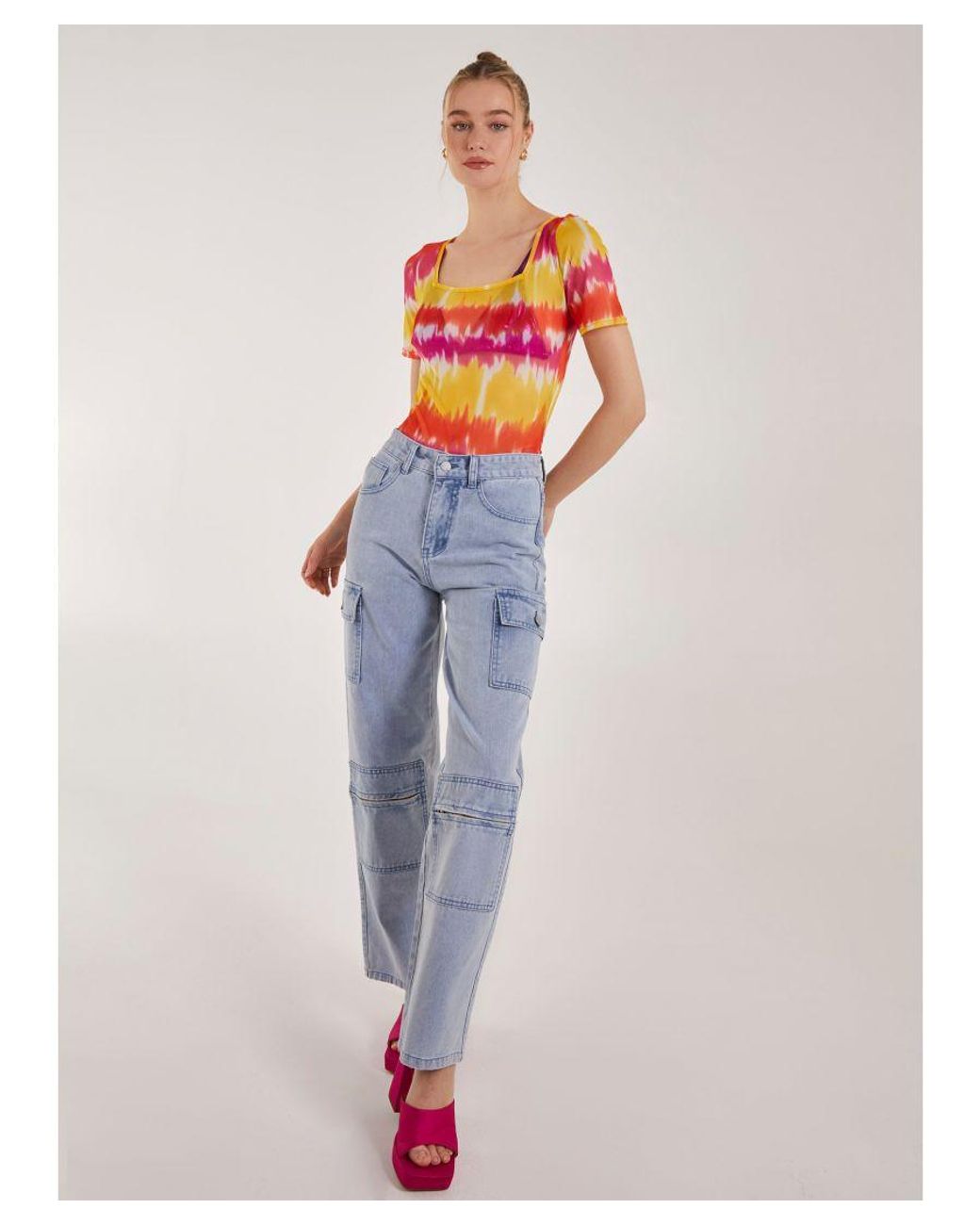 Pink Vanilla Gray Tie Dye Mesh Square Neck Bodysuit