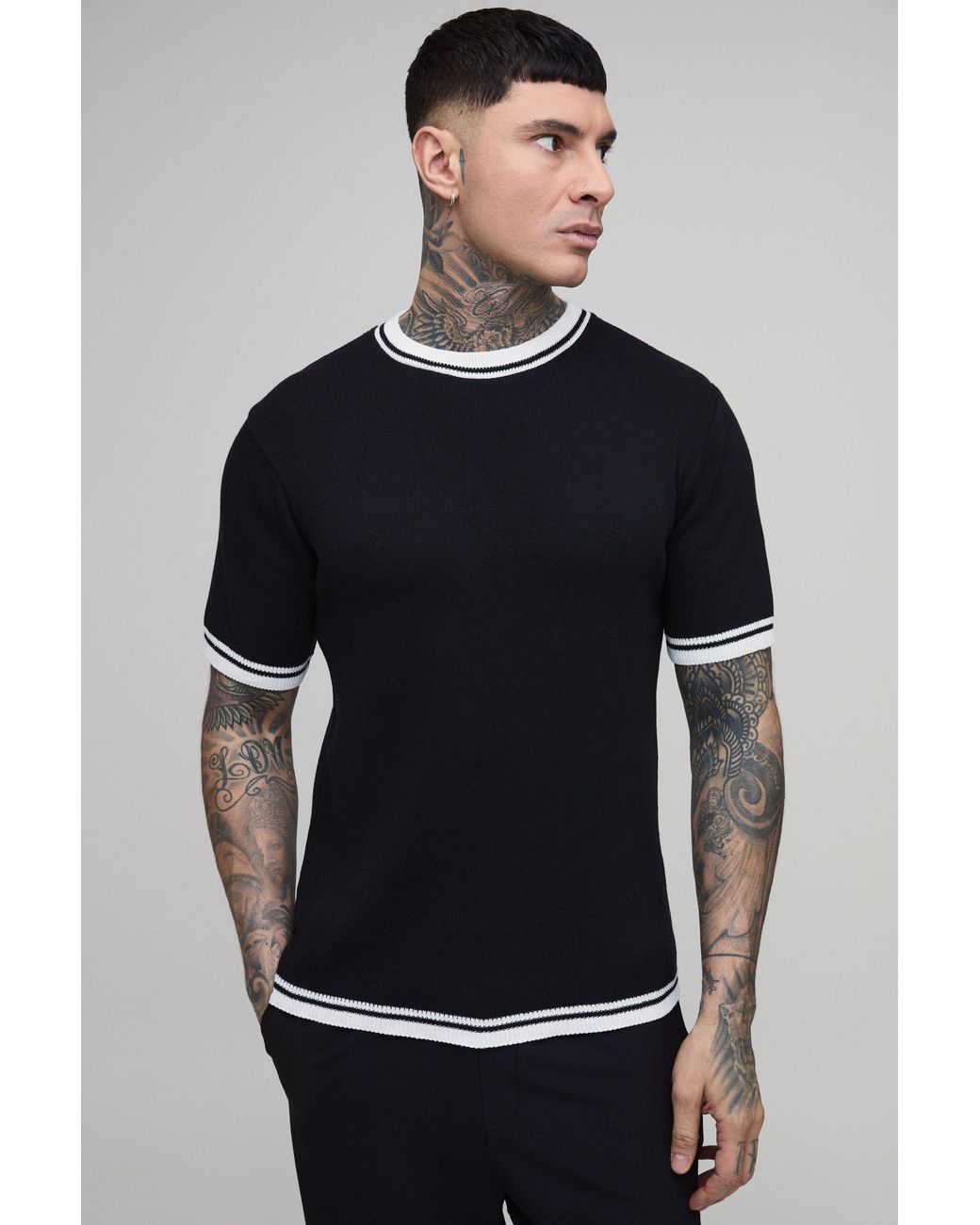 BoohooMAN Blue Tall Muscle Fit Cotton Blend Tipped Knitted T-Shirt for men