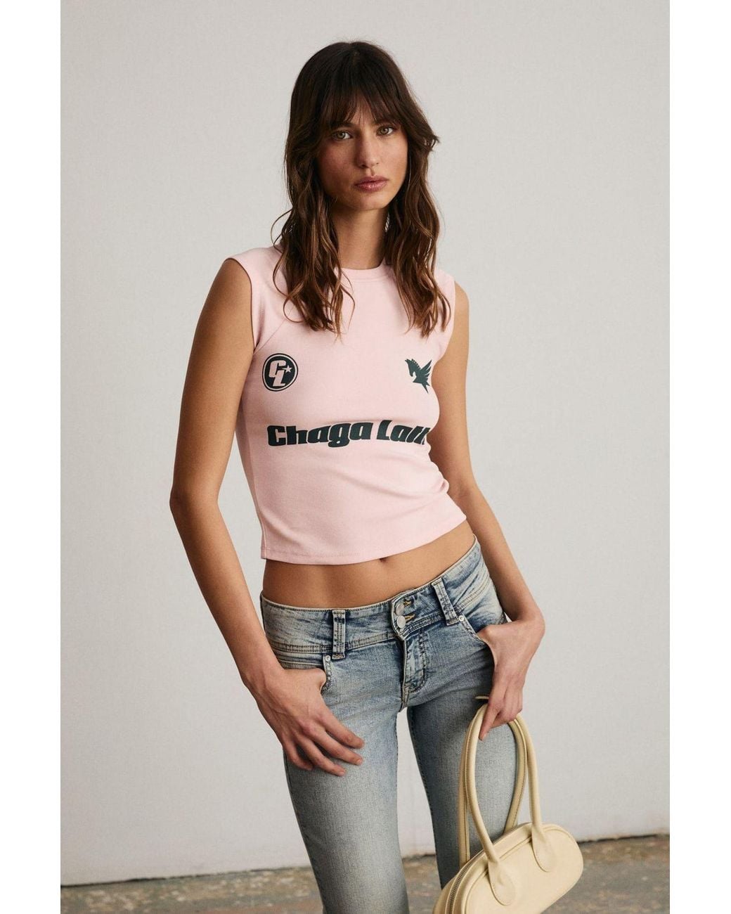 Grimelange Pink Crop Slim Fit Printed T-Shirt