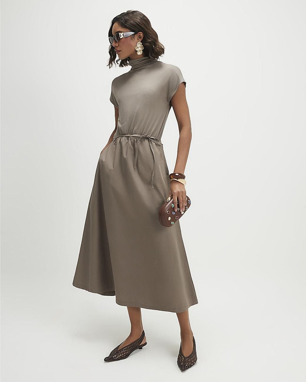 River Island Natural Midi Dress Short Sleeve Tie Waist Viscose